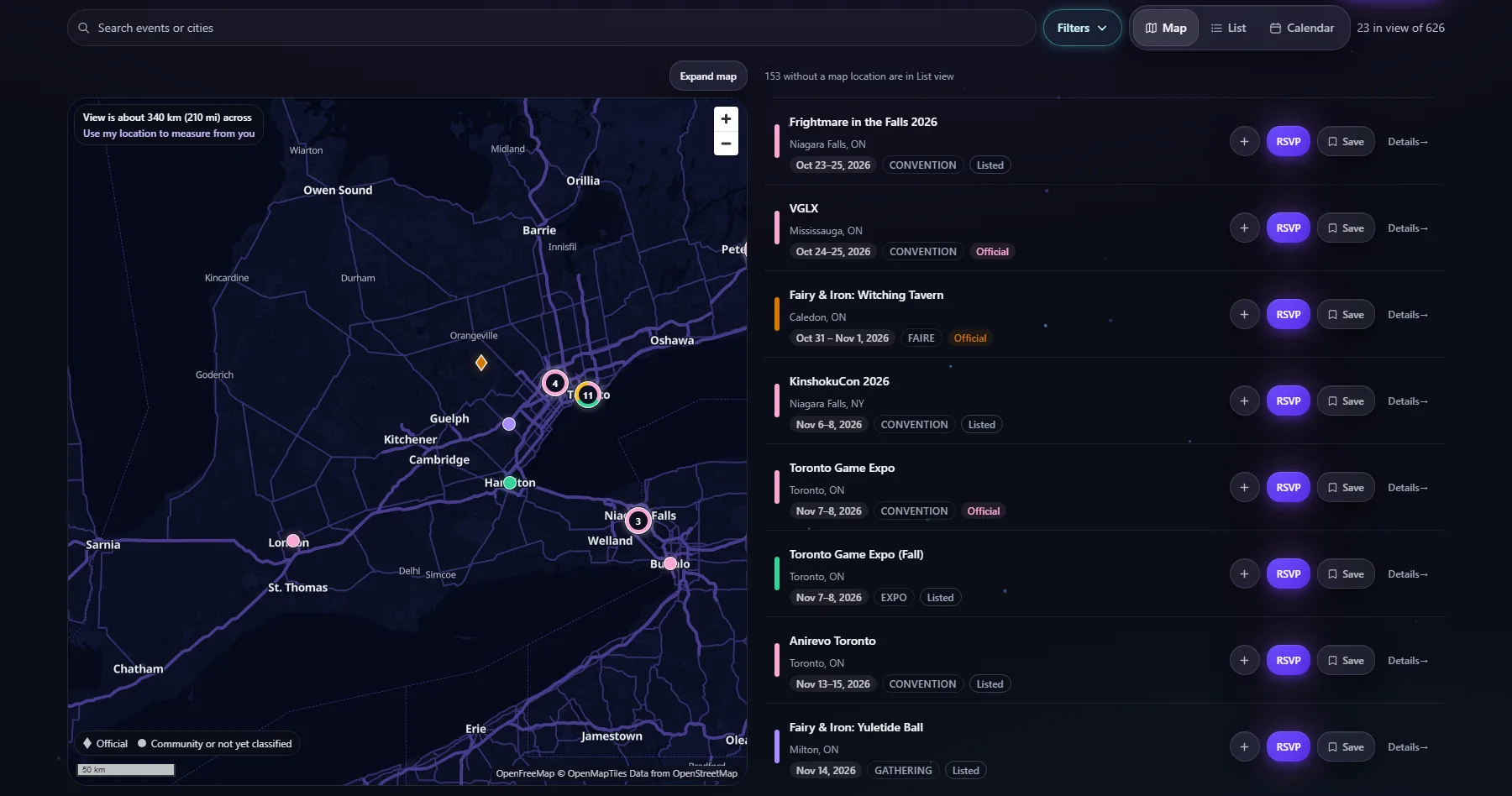 The Mythos events page: a live map of upcoming events beside searchable event cards