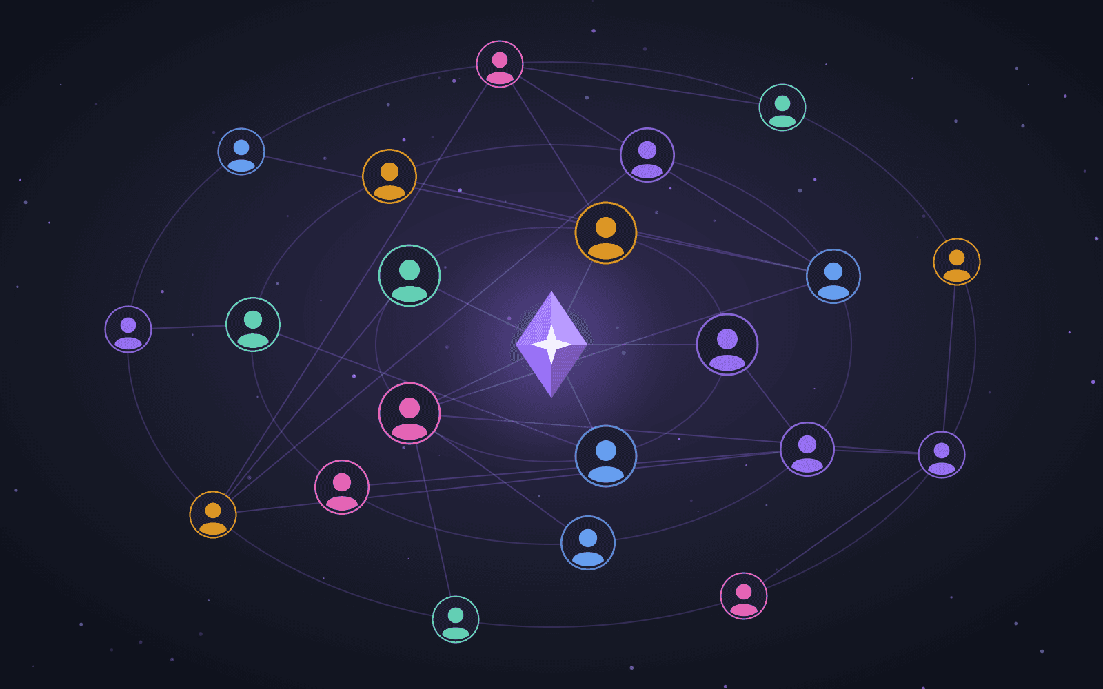 A ring of fans connected around a shared glowing crystal beacon