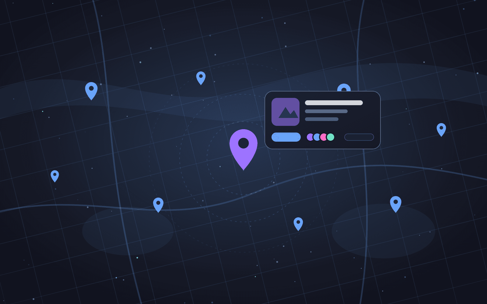 A night-time map dotted with event pins, with one highlighted event card showing who is going